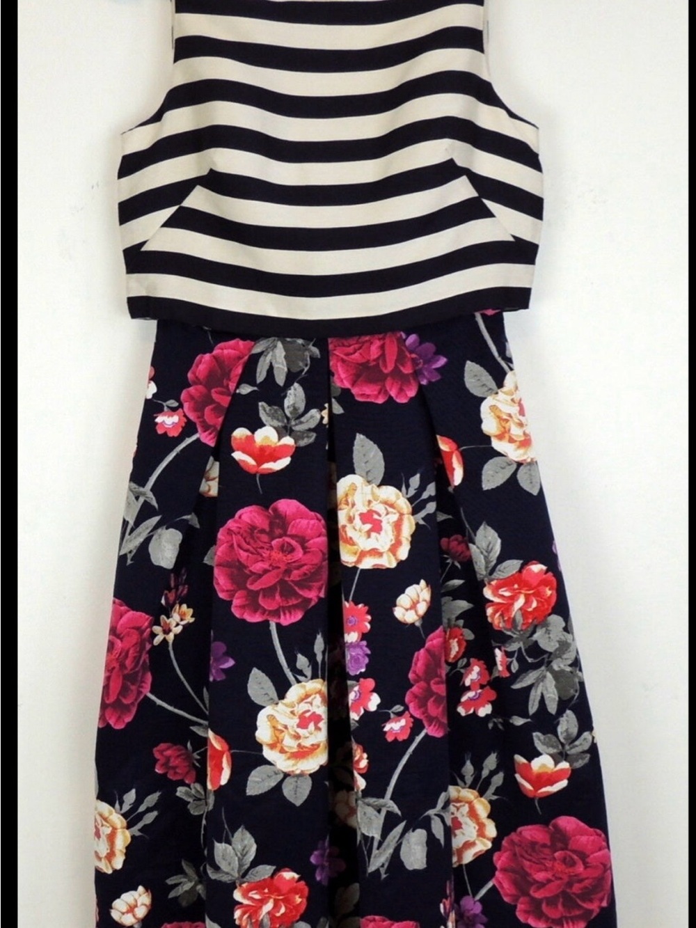 Moulinette Soeurs Navy Striped Bodice Floral Midi Dress